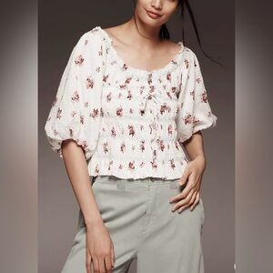 Anthropologie Puff-Sleeve Smocked Floral Blouse, Boho Country Chic Cottagecore
